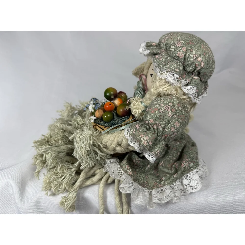 Vintage Mop Doll Shelf Sitter Yarn Porcelain Head WINDS UP PLAYS MUSIC Unique
